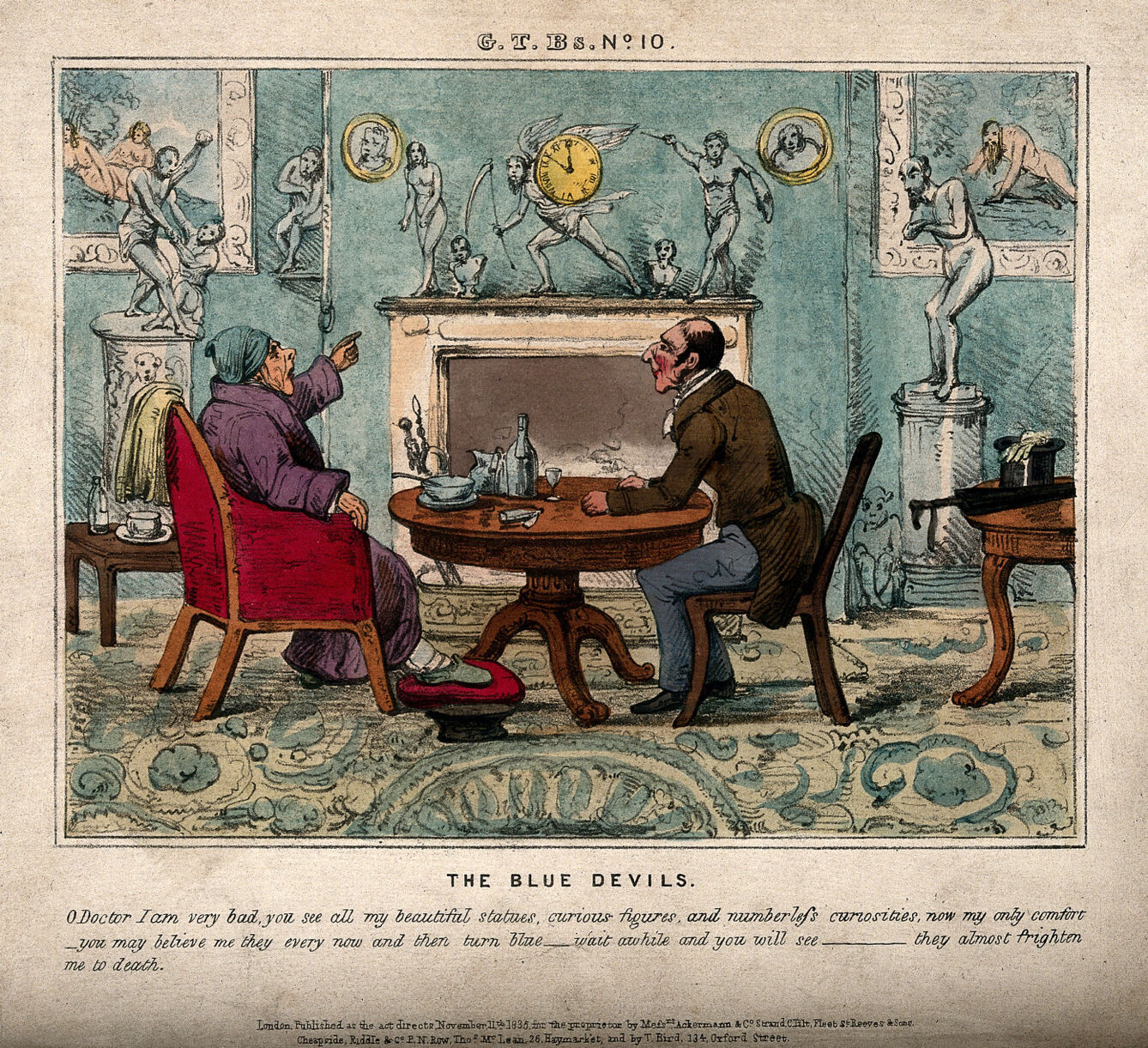 Credit: A gouty man surrounded by his collection of artefacts, telling his doctor how they keep turning blue; suggesting the man's melancholic loneliness. Coloured lithograph, 1835. Wellcome Collection. Source: Wellcome Collection.