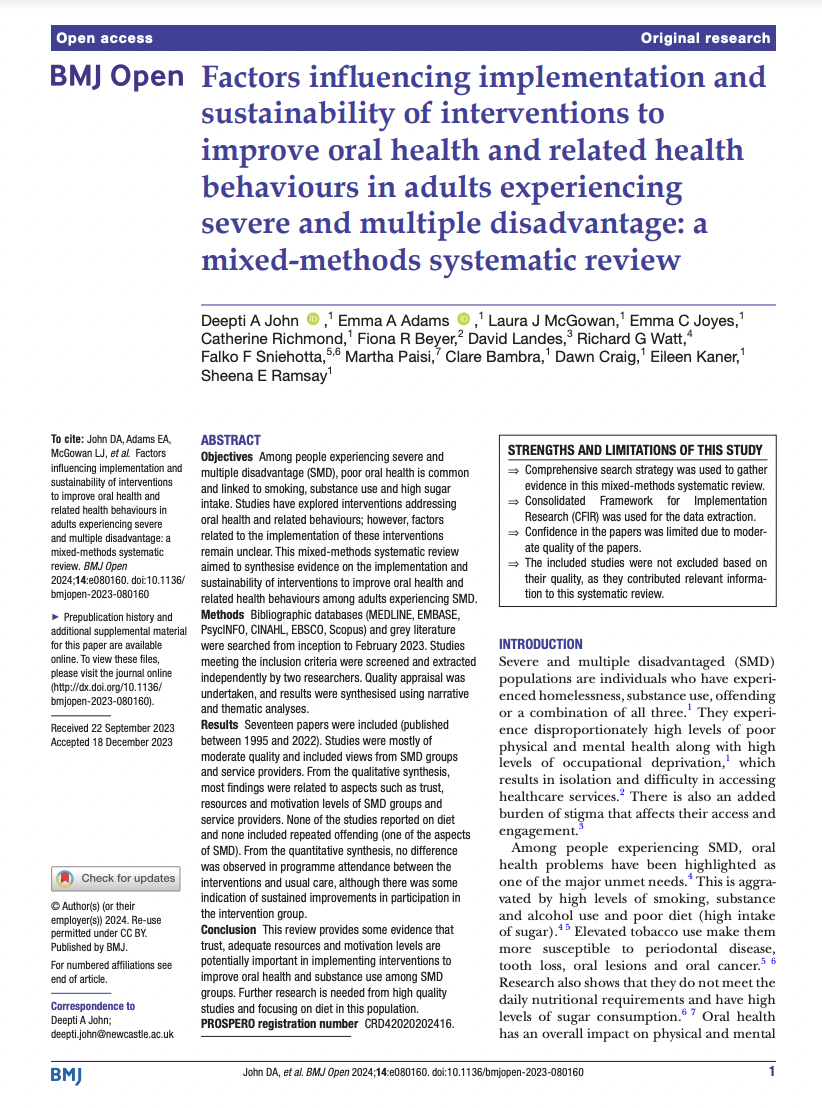Screenshot - Factors influencing implementation and sustainability of interventions to improve oral health and related health behaviours in adults experiencing severe and multiple disadvantage: a mixed-methods systematic review 