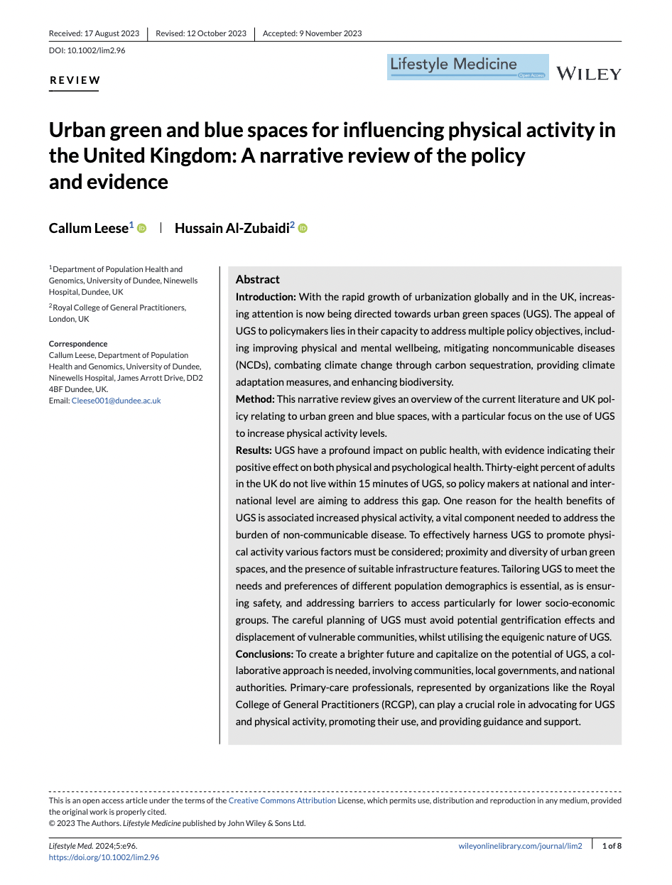 Screenshot - Urban green and blue spaces for influencing physical activity in the United Kingdom: A narrative review of the policy and evidence