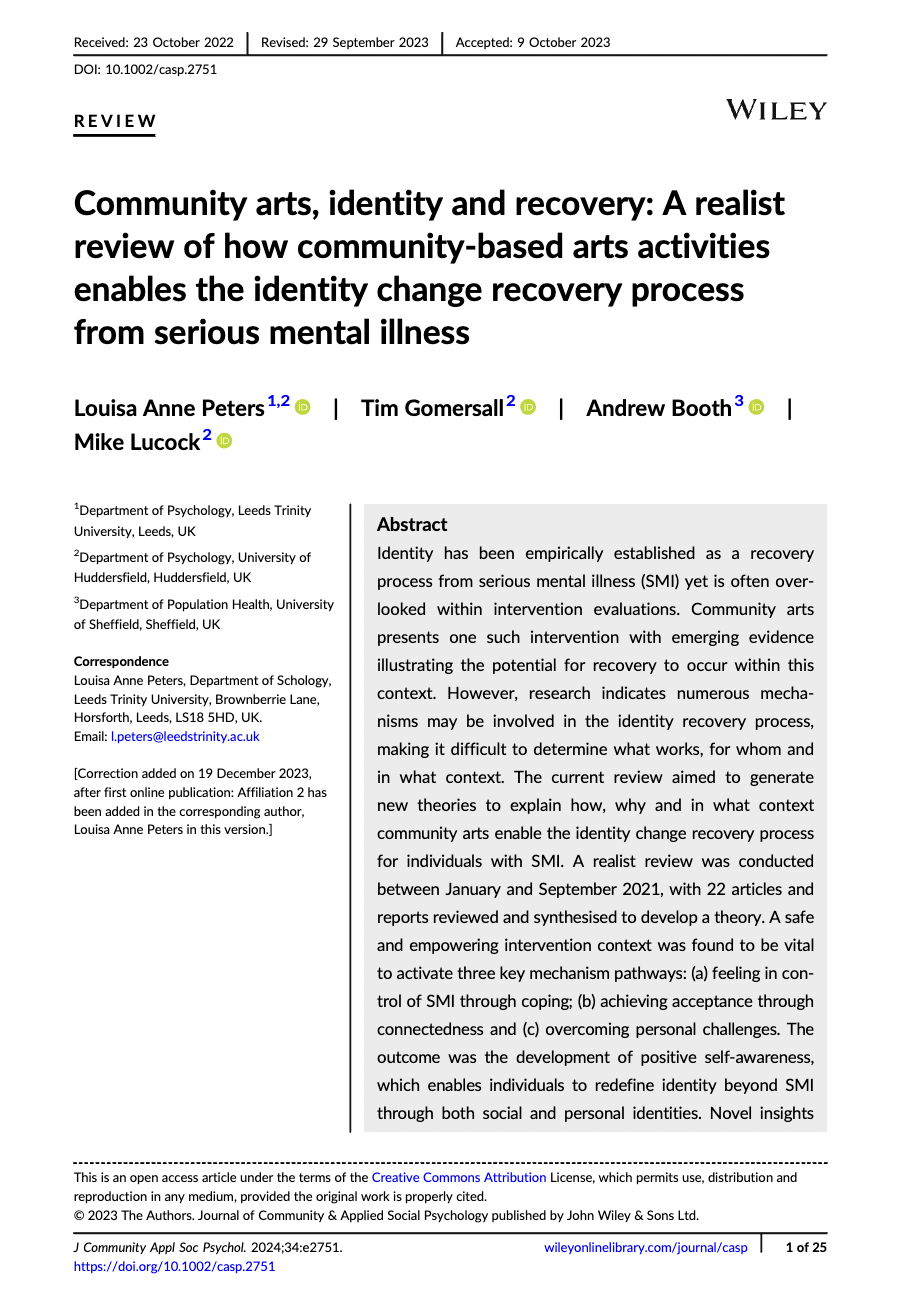 Screenshot - Community arts, identity and recovery: A realistreview of how community-based arts activitiesenables the identity change recovery processfrom serious mental illness
